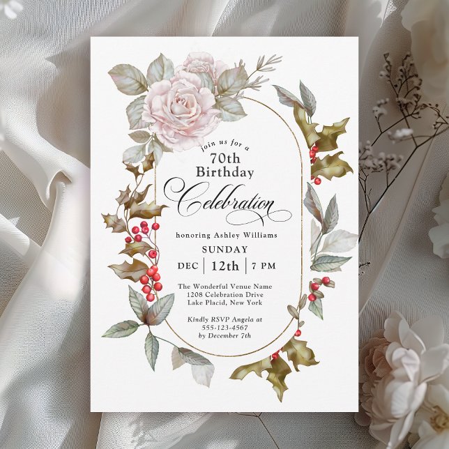Feminine Floral December 70th Birthday Celebration Invitation (Available in both printed and instant download digital formats.)