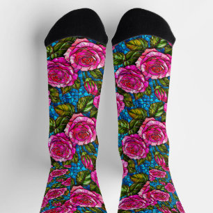 Feminine Floral Fashion Pink Roses Mosaic Art Socks