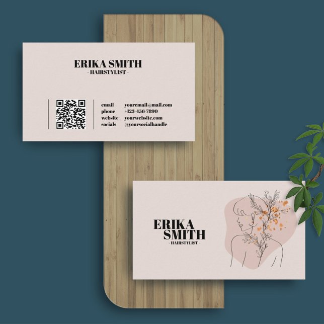 Feminine Floral Hairstylist Pink Line Art QR Code Business Card (Creator Uploaded)