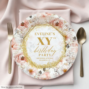 Feminine Floral Ivory Gold Birthday Paper Plates