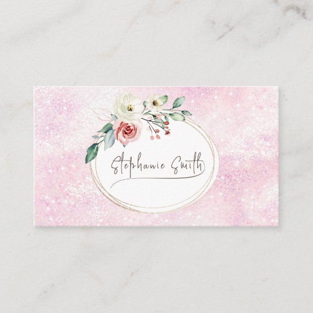Feminine Floral Modern Pink and White Business Card (Front)