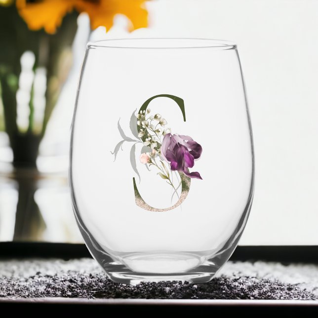 Feminine Floral Monogram Initial S Stemless Wine Glass (Creator Uploaded)