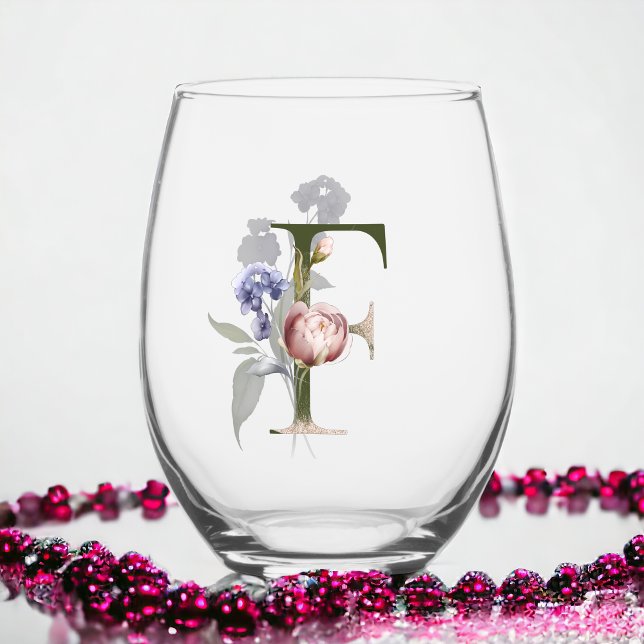 Feminine Floral Monogram Initial The Letter F Stemless Wine Glass (Creator Uploaded)