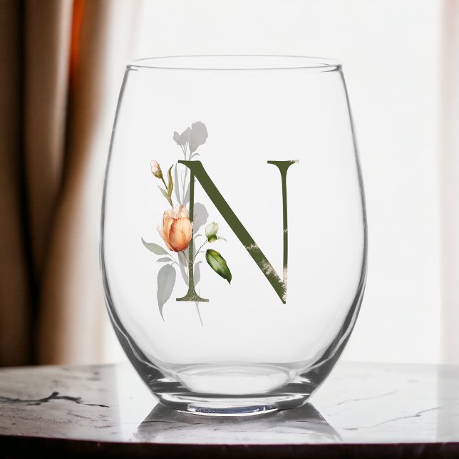 Feminine Floral Monogram Initial The Letter N Stemless Wine Glass (Creator Uploaded)