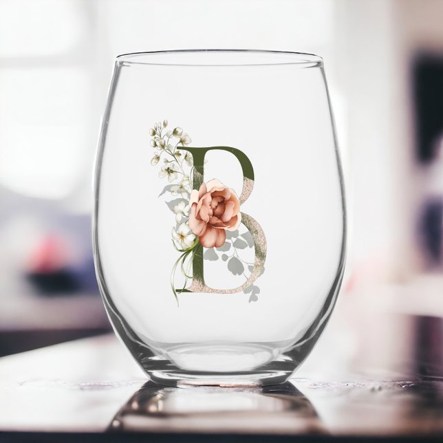 Feminine Floral Monogram The Letter B Stemless Wine Glass (Creator Uploaded)