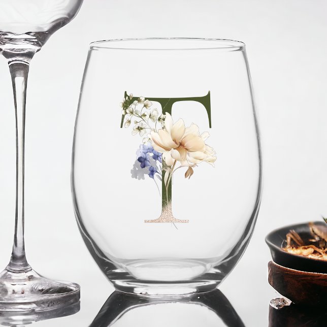 Feminine Floral Monogram The Letter T Stemless Wine Glass (Creator Uploaded)