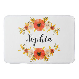 Feminine Floral Watercolor Wreath Custom Text Bath Mat