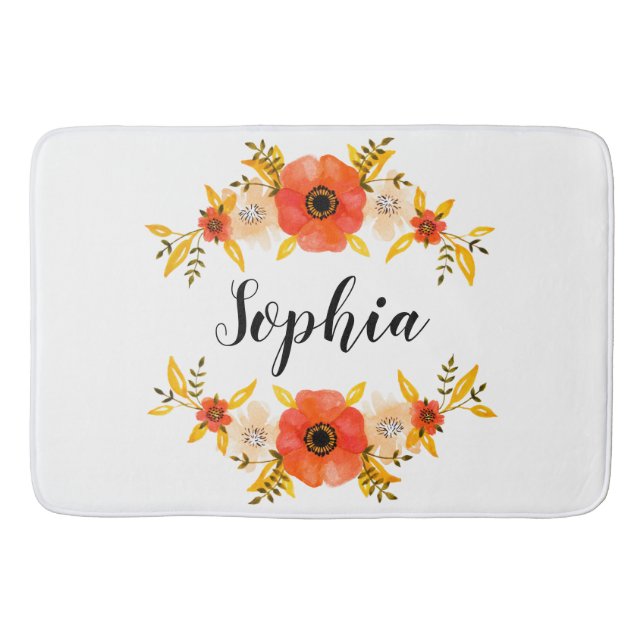 Feminine Floral Watercolor Wreath Custom Text Bath Mat (Front)
