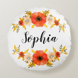 Feminine Floral Watercolor Wreath Custom Text Round Cushion