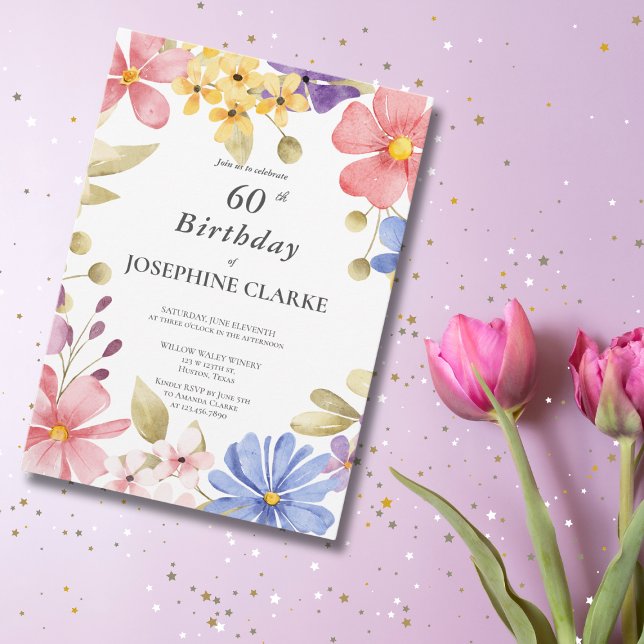 Feminine Floral Wreath 60th Birthday Party Invitation (Creator Uploaded)