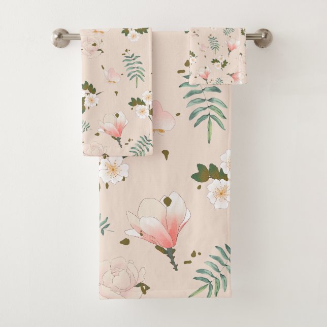 Feminine flower pattern in pink l Pastel Garden  Bath Towel Set (Insitu)