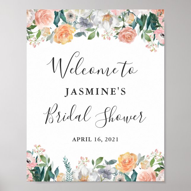 Feminine Garden Roses Floral Bridal Shower Sign (Front)