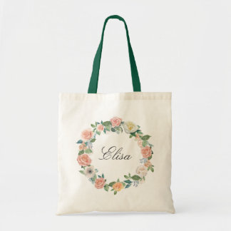 Feminine Garden Roses Floral Wreath Bridesmaid Tote Bag