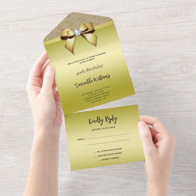 Feminine Gold Gem Bow & Glitter Birthday All In One Invitation (Tearaway)