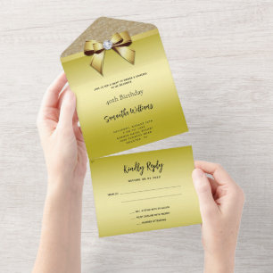 Feminine Gold Gem Bow & Glitter Birthday All In One Invitation