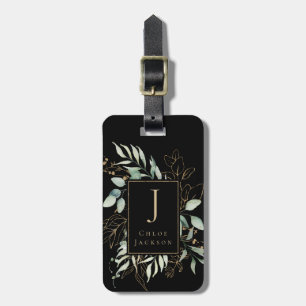 Feminine Gold Glitter Black Monogrammed Luggage Tag