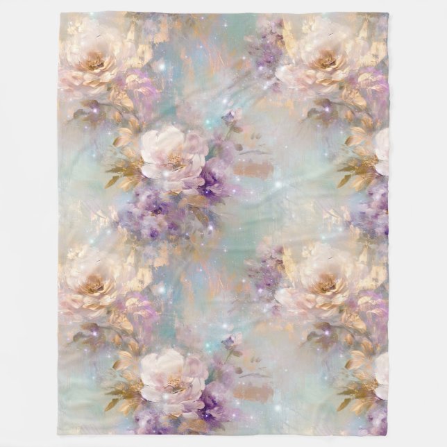 Feminine Gold Purple White Flowers Fleece Blanket (Front)
