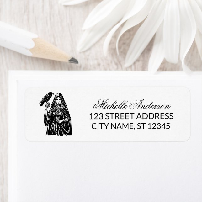 Feminine Gothic Witch and Raven  Return Address    (Insitu)