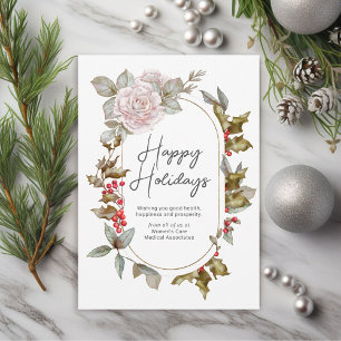 Feminine Holly Evergreens Floral Corporate Holiday Card