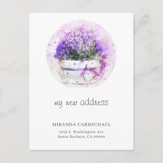 Feminine Lavender  Floral Watercolor New Address Announcement Postcard (Front)