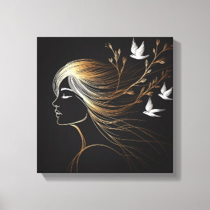 Feminine Line Art Profile with Gold Birds and Bran Canvas Print