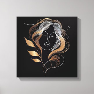 Feminine Line Art with Golden Leaf Flow Canvas Print