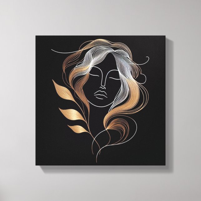 Feminine Line Art with Golden Leaf Flow Canvas Print (Front)