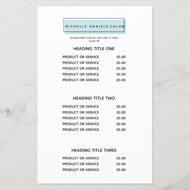 Feminine Logo | Blue | Spa  Pricing & Services Flyer (Front)