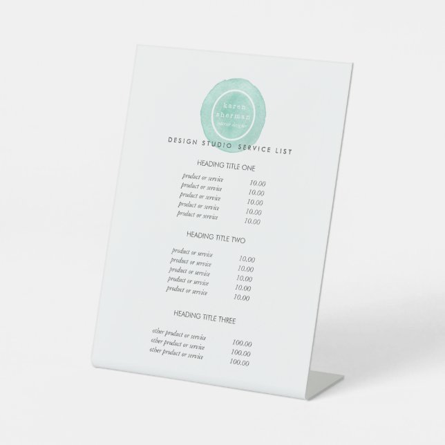 Feminine logo turquoise  Salon Price & Services Pedestal Sign (Front)