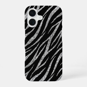 Feminine Luxury Black & Silver Classy Zebra Print iPhone 16 Case