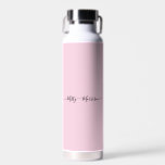 Feminine Minimalist Modern Pink Script Custom Name Water Bottle<br><div class="desc">A simple stylish custom name typography design in a casual script font in striking black on pastel pink. The perfect item for the trendy minimalist. An on trend bespoke gift or accessory for any occasion. Debra Valencia, a visionary surface pattern artist, product designer and entrepreneur with a passion for world...</div>