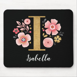 Feminine Monogram Initial Pink Black Letter I Mouse Pad