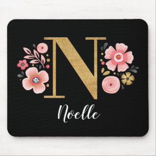 Feminine Monogram Initial Pink Black Letter N Mouse Pad
