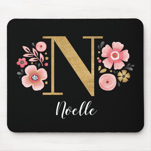 Feminine Monogram Initial Pink Black Letter N Mouse Pad (Front)