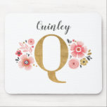 Feminine Monogram Initial Pink Gold Letter Q Mouse Pad<br><div class="desc">A beautiful,  feminine monogrammed pink floral mouse pad,  featuring pink flowers and a faux gold monogram letter Q. Personalise the mouse pad by adding your name underneath the monogram. Makes a fun gift for a friend or for a bridesmaid gift. Designed for you by Blackberry Boulevard.</div>