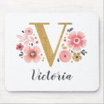 Feminine Monogram Initial Pink Gold Letter V Mouse Pad<br><div class="desc">A beautiful,  feminine monogrammed pink floral mouse pad,  featuring pink flowers and a faux gold monogram letter V. Personalise the mouse pad by adding your name underneath the monogram. Makes a fun gift for a friend or for a bridesmaid gift. Designed for you by Blackberry Boulevard.</div>