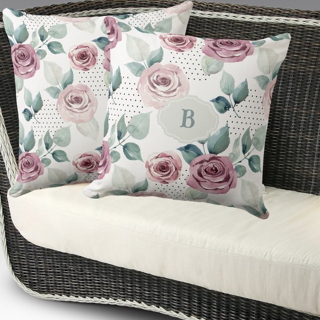 Feminine Monogram Vintage Shabby Chic Pink Rose  Cushion (Creator Uploaded)