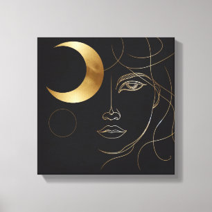 Feminine Moon Phase Face Gold Canvas Wall Art