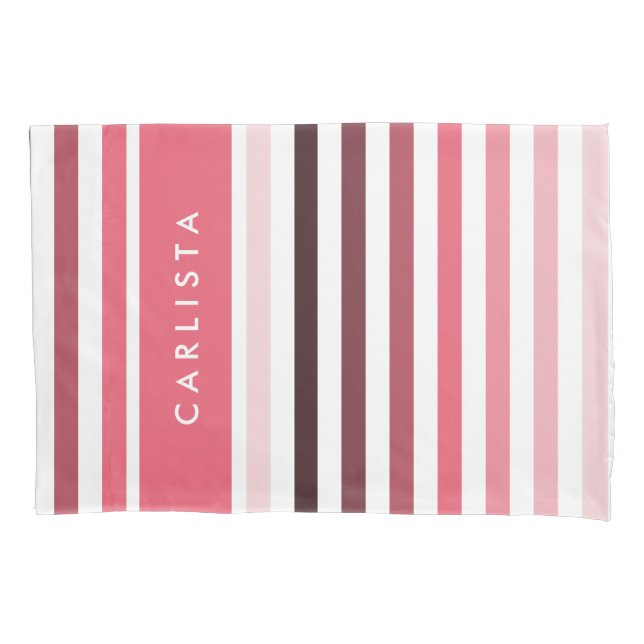 Feminine Name With Wide Stripes in Coral Pink Pillowcase (Front)