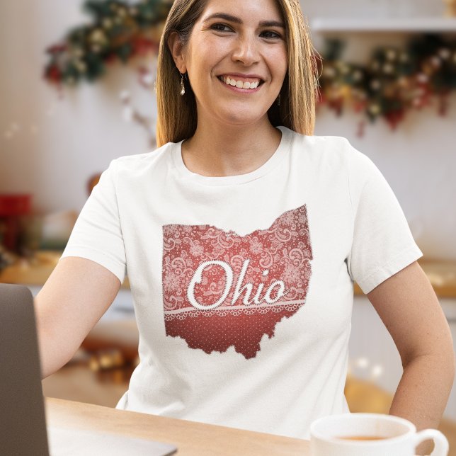 Feminine Ohio Faux Lace and Stitches Look Tri-Blend Shirt (Feminine red faux lace Ohio state outline t-shirt is perfect for the holiday or any time of year.)