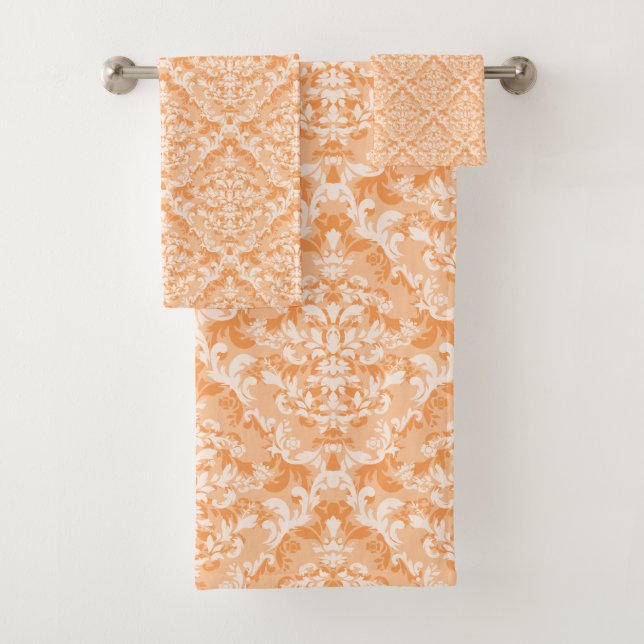 Feminine Orange and White Damask Floral Bath Towel Set (Insitu)