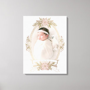 Feminine oval frame ribbon and holiday greenery  canvas print
