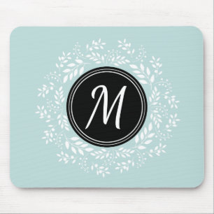 Feminine Pale Blue Floral Wreath Custom Monogram Mouse Pad
