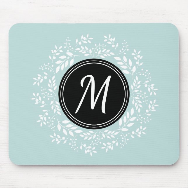Feminine Pale Blue Floral Wreath Custom Monogram Mouse Pad (Front)