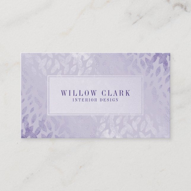 Feminine Pale Violet Gold Willow Tree Leaf Pattern Business Card (Front)