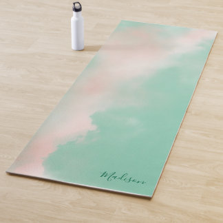 Feminine Pastel Pink Green Elegant Script Name Yoga Mat