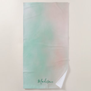 Feminine Pastel Pink Green Gradient Script Beach Towel