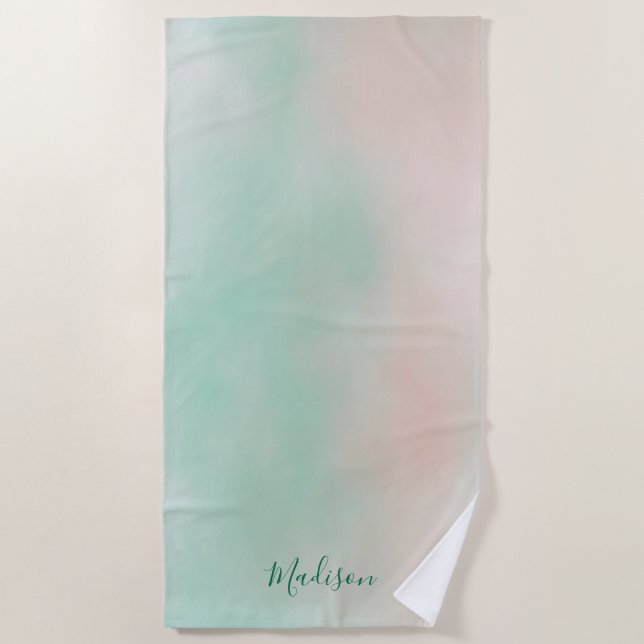 Feminine Pastel Pink Green Gradient Script  Beach Towel (Front)