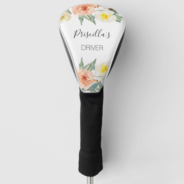 Feminine Peach And Cream Watercolor Flowers Golf Head Cover (Front)