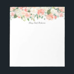 Feminine Peach Floral Pattern with Your Name Notepad<br><div class="desc">A band of lovely watercolor florals spans the top border of this feminine notepad design. Colours include peach, pink and off-white with mixed leaves and greenery scattered throughout. Insert your name or other desired text in place of the sample text shown if you wish to personalise this notepad. You can...</div>